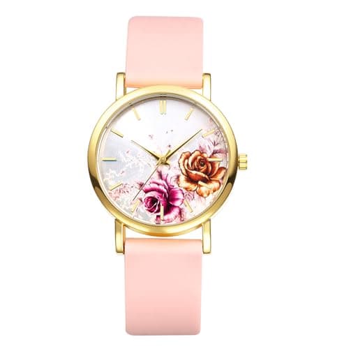 Image of JewelryWe Silicone Watch for Women - Simple Flower Painted Dial Analog Quartz Watches Elegant Cute Apricot Wristwatch for Ladies Students