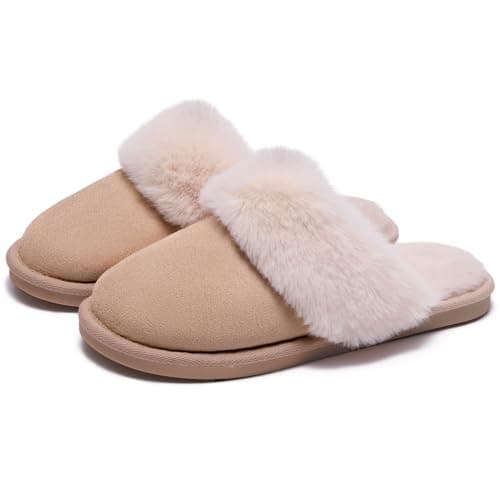 Image of Misolin Womens Slipper Memory Foam Fluffy Slip-on House Faux Suede Fur Lined/Anti-Skid Sole, Indoor & Outdoor,Light Brown 3.5/5 UK=CN 270mm