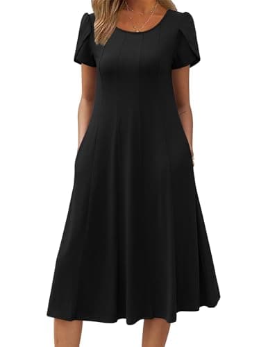 Image of Zeagoo Dresses for Women UK Elegant Crew Neck Summer Dress Ladies Short Sleeve Midi Dress with Pockets Black M