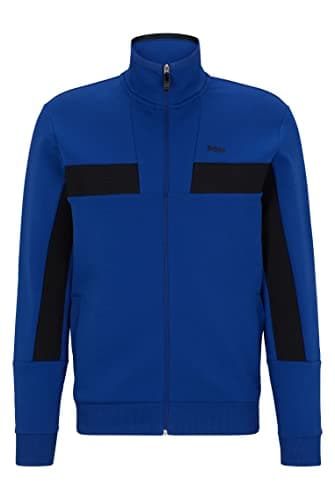 Image of BOSS Mens Skaz 1 Cotton-blend zip-up sweatshirt with tape trims Blue