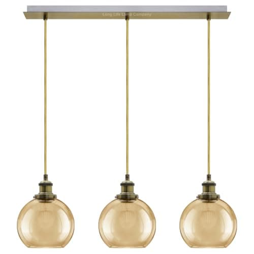 Image of Long Life Lamp Company 3 Lights Pendant Light Cluster Mini Glass Globe Shades Smoked Amber, Antique Brass Ceiling Light Fitting H3133