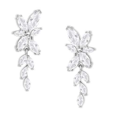 Image of Aliyoham Bridal Wedding Earrings for Women - Silver Plated Cubic Zirconia Floral Drop Dangle Jewelry with Tapered Leaf Motif, Elegant Gift for Sensitive Ears