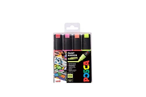 Image of POSCA PC-8K Broad Bullet Tip Acrylic Paint Marker Pens, 4 Fluorescent Colours, For All Surfaces (Pack of 4 Pens)