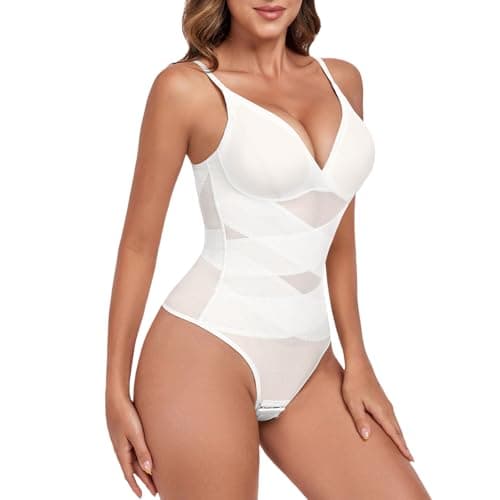 Image of Tuopuda Women's Shaping Bodysuits Tummy Control Bodyshaper V Neck Seamless Waist Trainer Vest Sculpting Body Shaper Thong with Adjustable Straps(White,M)