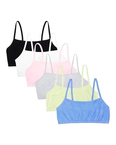 Image of Fruit of The Loom Women's Spaghetti Strap Cotton Pullover Sports Bra Value Pack, Opaque, Cornflower Blue/Lentil/White/Kitty Pink/Grey Heather/Black Hue, 32 (Pack of 6)