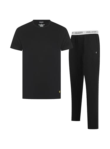 Image of Lyle & Scott Men’s Maifoy Cotton Pyjama Set - T-Shirt and Full Length Pant Loungewear - Premium Men's Sleepwear Set (UK, Alpha, S, Regular, Regular, Black)