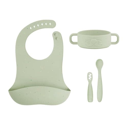 Image of Babymoov Baby Weaning Set Mini Arty - 4 Pcs Silicone Feeding Set, Baby Bowl, 2X Baby Spoons, Weaning Bib, from 4 Months - Ideal Gift Set