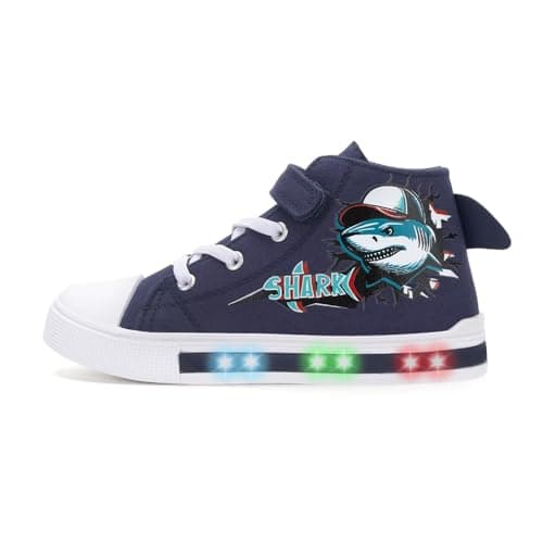 Image of Kids Light Up Trainers, Boys Girls High Top Shoes Flashing Sneakers Toddler Easy On Canvas Shoes Shark Size 13 UK Child