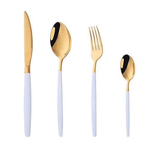 Image of Buyer Star White and Gold Cutlery Sets, 4 Piece Stainless Steel Cutlery Flatware Set Tableware for Daily Life Service for 1, 1 x Dinner Fork, 1 x Dinner Knife, 1 x Soup Spoon, 1 x Teaspoon