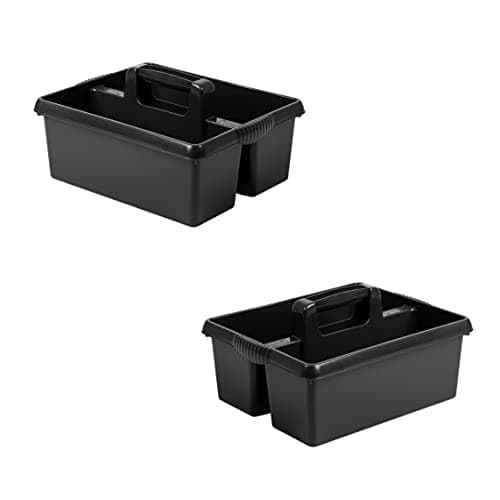 Image of (Set of 2) Large Cleaning Caddy with Handles Plastic Caddy Tidy Organiser Cleaners Carry All Tote Tray Basket with Multi Compartment Cleaning Tool Utility for Kitchen Sink Bathroom (Black)