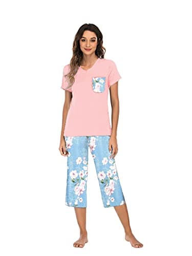 Image of Famulily Ladies Pjs Pyjama Sets Floral V-Neck Short Sleeve Sleep Tee and Comfort Wide Leg Cropped Pant 2 Pieces Pink L