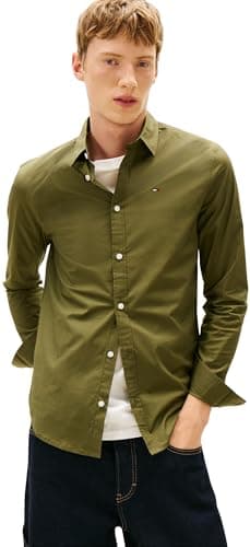 Image of Tommy Jeans Men's TJM Original Stretch Shirt DM0DM04405 L/S Shirt, Green (Dark Greenery), S