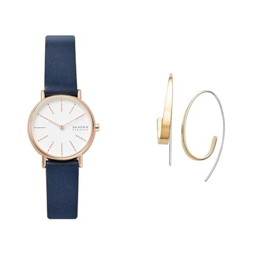 Image of Skagen Women's Signatur Lille Blue Leather Watch and Kariana Gold-Tone Stainless Steel Earrings, Set