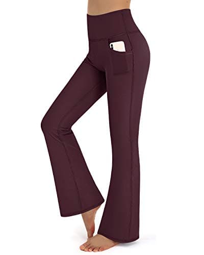 Image of Promover Flared Trousers Women Bootcut Yoga Pants for Women Sports Leggings Stretch High Waist Workout Bootleg Tummy Control Work Trousers(Red Wine （with Pockets）,S,Regular)
