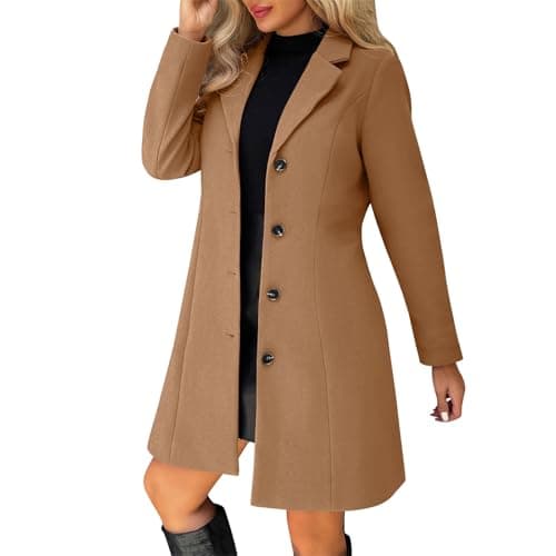 Image of Wool Trench Coat Women Mid-Long Tweed Jacket Long Sleeve Regular Fit Double Breasted Duffle Coats Business Casual A-Line Peacoat Solid Color Overcoat Elegant Outwear for Work Office Going Out