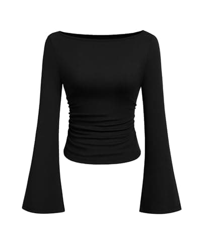 Image of PRETTYGARDEN Womens Long Sleeve Shirts 2026 Spring Crop Going Out Tops Casual Boat Neck Bell Sleeve Ribbed Ruched Y2K Clothes, Black, M