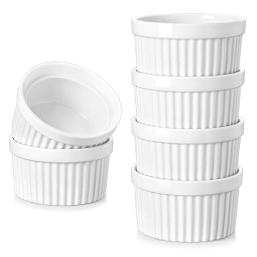 Image of vancasso 8 oz Ramekins, Souffle Dishes Set of 6, White Porcelain Creme Brulee Ramekins, Baking Cups for Pudding, Fruits, Dips, Dishwasher and Oven Safe