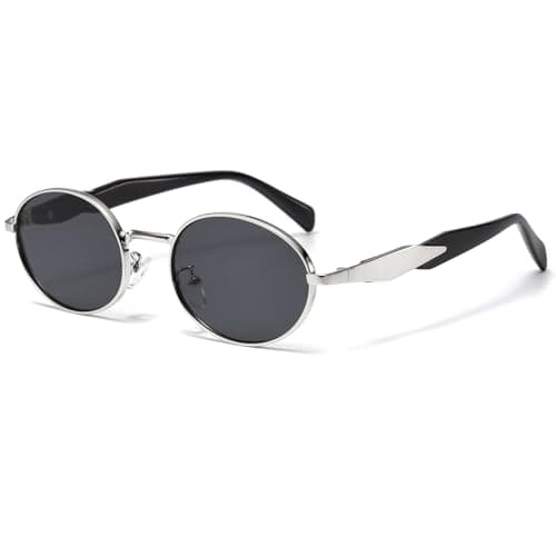 Image of Long Keeper Vintage Metal Oval Sunglasses Womens Mens 90s Retro Round Sunglasses Trendy Slim Oval Sun Glasses UV400 Protection Fashion Shades, 53mm (Silver Black Frame - Dark Grey Lens)