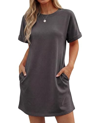 Image of GRECERELLE Womens Summer Mini Dress Cap Sleeve Crew Neck T Shirt Short Casual Beach A Line Dresses with Pockets (Dark Grey, L)