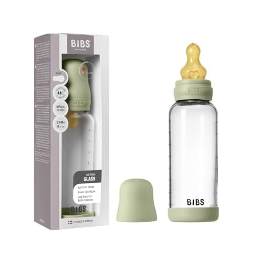 Image of BIBS Baby Glass Bottle. 240ml. Anti-Colic. Vented Round Natural Rubber Latex Teat. Supports Natural Breastfeeding, Medium Flow, Complete Set - 240 ml, Sage