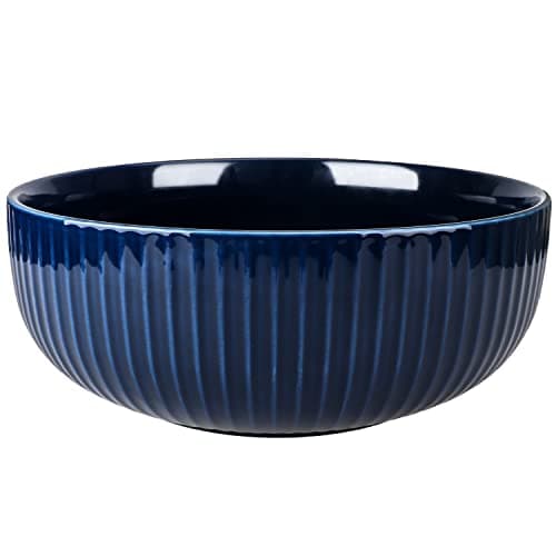 Image of UUEMB Extra Large Salad Bowl, 2800ml Ceramic Fruit Bowl, Stylish Navy Blue Bowl Round Vertical Stripe, Soup Bowl, Serving Bowl for Salad, Fruit, Noodle, Soup(23.5x8.8cm, 95oz)