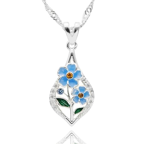 Image of equilibrium Forget Me Not Silver Plated Necklace, Blue Floral Teardrop Pendant with Cubic Zirconia Crystals, Gift Boxed