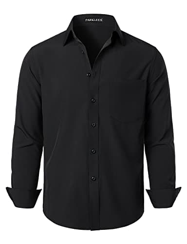 Image of PARKLEES Men's Regular Fit Dress Shirt Solid Wrinkle-Free Long Sleeve Casual Business Button Up Shirts with Pocket PZSSCL05-Black L