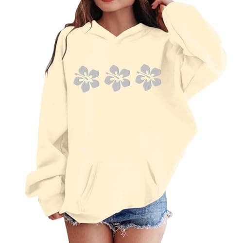 Image of Huihong Children's Sweatshirt Hoodie Kids Girls Floral Cute Graphic Winter Long Sleeved Tops Pullover Hoody for Girls Oversized School Comfy Casual Jogging Blouse 2-13 Years (Beige, 12-13 Years)