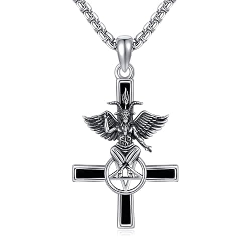 Image of VENACOLY Baphomet Necklace 925 Sterling Silver Baphomet Pendant Inverted Cross Demon Necklace Satanic Gothic Punk Jewellery for Women Men (Silver)