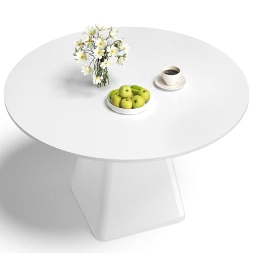 Image of TOTEBOX 120cm Round Dining Table for 4 People, Wooden Kitchen Table for Living room, Dining Room, Pedestal Base (White)