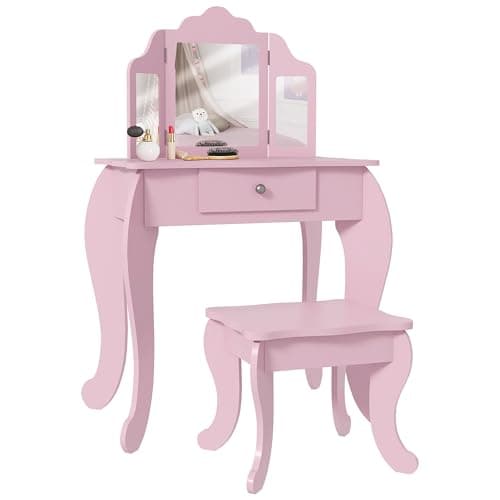 Image of HOMCOM Kids Vanity Table and Chair Set, Girls Vanity Set with Tri-Folding Mirror and Stool, Makeup Dressing Table with Drawer, Pink