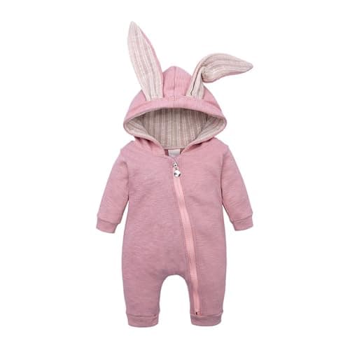Image of Verve Jelly Newborn Baby Boy Girl Bunny Romper, Zipper Long Ears Rabbit Baby Hoodie Jumpsuit Pink 90 12-18 Months