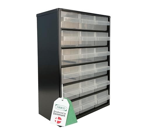 Image of Raaco Storage Cabinet C9-18 with 18 Drawers | Metal Tool Organiser | 20 kg Capacity | 15 × 30.6 × 42 cm | Steel Frame with Transparent Polypropylene Drawers | Garage Storage & Workshop Organiser