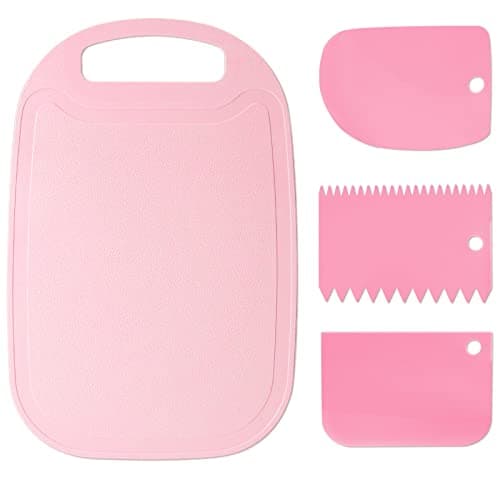 Image of Plastic Chopping Board Set, BPA Free Kitchen Cutting Board Wheat Straw pp Vegetable Board with 3pcs Baking Tools Plastic Scraper for Cutting Meat, Vegetables, Fruit, Cheeses and Bread, Pink