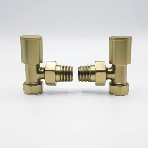 Image of Lux Heat Angled Brushed Brass Manual Round Radiator Valve Set