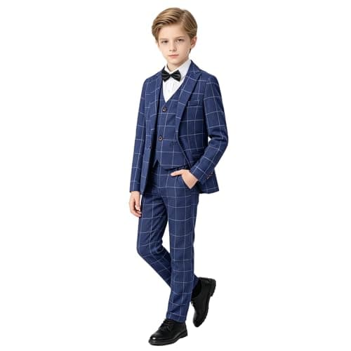 Image of LOLANTA 5 Piece Boys Blue Suit Set, Page Boy Wedding Prom Suit, Kids Checked Blazer Suit Boys Formal Tuxedo Jacket Trousers Vest Shirt Bow Tie(Blue, 10-11 Years, 150)