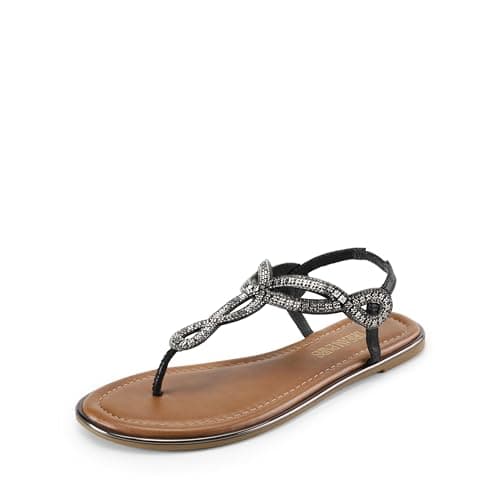 Image of DREAM PAIRS Women's Flat Sandals Dressy Summer Stappy Comfortable Ankle Elastic T-Strap Beach Thong Sandals,Size 7,Black-Rhinestone,SDFS2406W