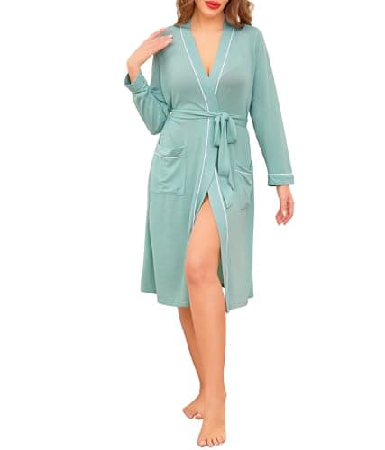Image of Vlazom Womens Dressing Gown Soft Knit Kimono Robes Long Lightweight Bathrobe Ladies Casual Sleepwear with Pockets for Seasons Light Green,XXL