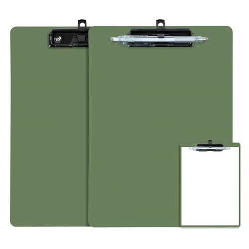Image of FRETONBA Clipboard Folder with Pen Holder, 2 Packs Clipboard A4 with Retractable Hook, Plastic Clip Boards with Secure Hold, Writing Clipboards for Office & Classroom Supplies, Green