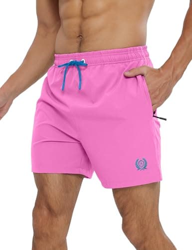Image of APTRO Mens Swim Shorts Quick-Dry Mesh Lining Summer Beach Shorts 4-Way Stretch Swim Trunks with Zipper Pockets Pink L