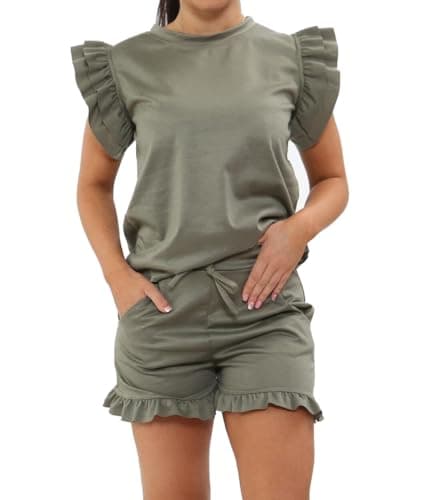Image of BESTITALIANUK Womens Plain Peplum Frill Sleeve Top Shorts Co ord Set New Ladies 2PCS Tracksuit Plus size 8-22 UK (Khaki, 12-14 UK)