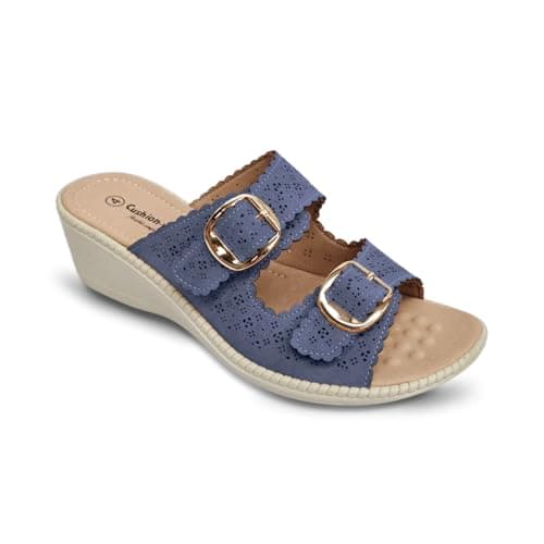 Image of Womens Wide Fit Wedge Sandals EEE Fitting Twin Buckle Open Toe Strap Slip On Mule Beach Holiday Ladies Summer Massage Footbed (Navy, UK Footwear Size System, Adult, Women, Numeric, Wide, 4)