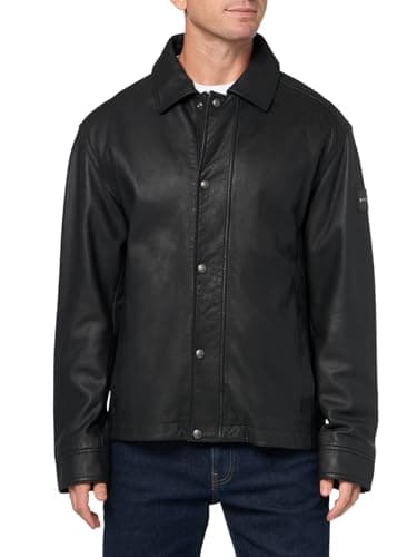Image of BOSS Men's Soft Leather Shirt Jacket, Black Olive, 48
