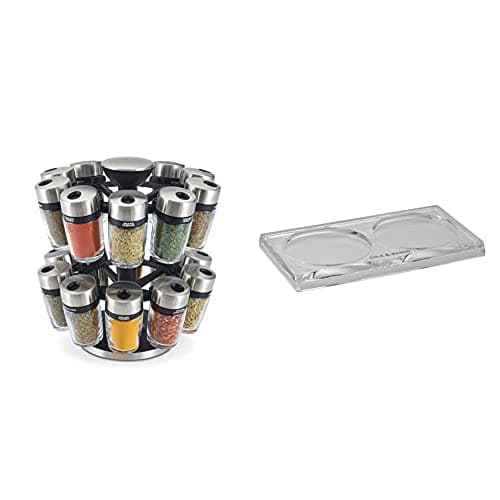 Image of Cole & Mason Herb and Spice Carousel, Clear/Silver, 20 Jar & H306119 Ramsgate Clear Salt and Pepper Mill Tray |(H) 13 mm x (W) 95 mm x (D) 157 mm | Mills Not included | 2 Year Guarantee