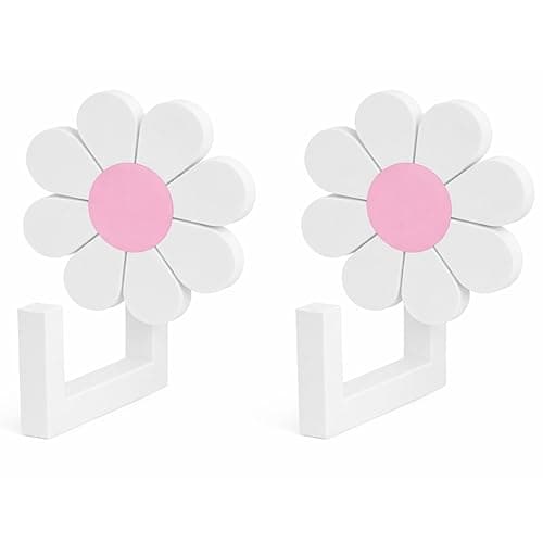 Image of Door Stay 2-Pack Daisy Flower Wall Hooks for Kids – Coat, Towel & Backpack Hangers – Nursery, Bedroom & Playroom Decor – White & Pink