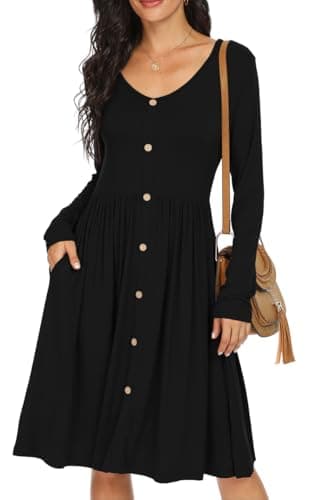 Image of GRECERELLE Womens Long Sleeve Casual Plain Swing Dresses Button Down A-Line Midi Short T-Shirt Dress with Pockets (Black, L)