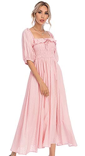 Image of R.Vivimos Women's Polka Dot Slim Fit Half Sleeve Dresses Square Collar Long Midi Dress(Medium,Pink)