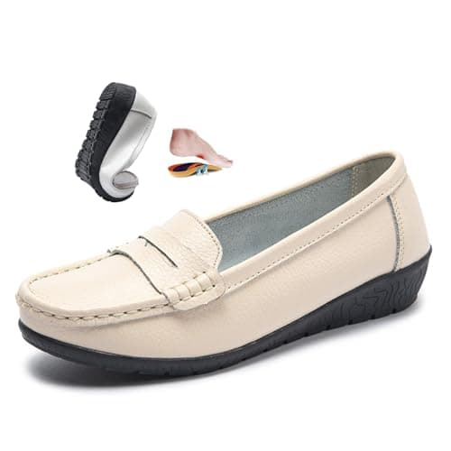 Image of Women's Orthopedic Loafers in Breathable Leather, Wide Fit Leather Loafers Classic Moccasins Driving Work Office Nursing Shoes (Beige,6.5)