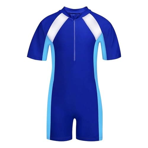 Image of Lancry Swimming Costume for Boys Girls, One-Piece Kids Swimsuit, Short Sleeve Swimming Costume 6-14 Boys Swimsuit (UK, Age, 6 Years, 8 Years, Regular, Blue)