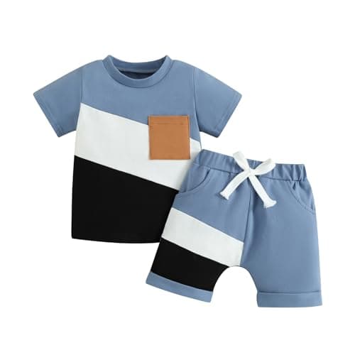 Image of Vioyavo Toddler Kids Boys Summer Shorts Set Contrast Color Short Sleeve Round Neck T-shirt Top Elastic Waist Shorts 2Pcs Outfit (Black, 18-24 Months)